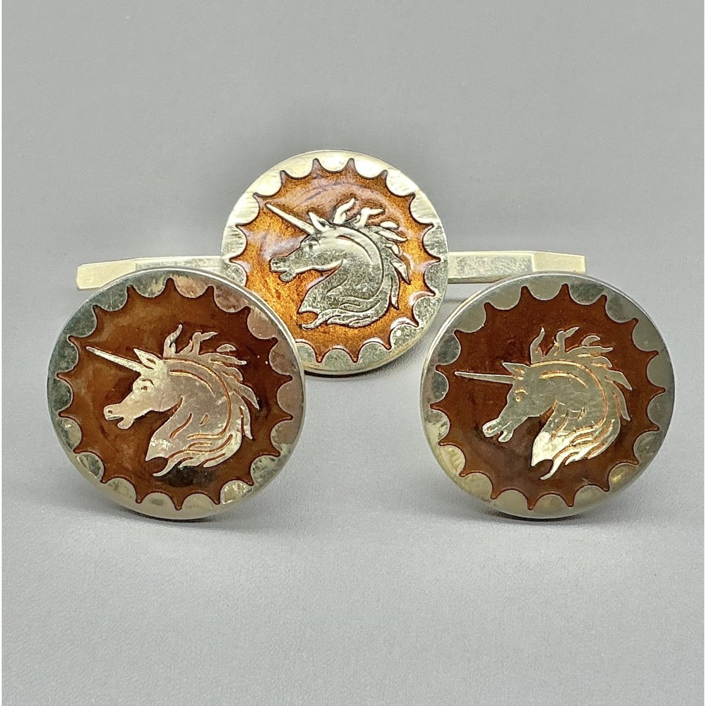 Vintage‎ Unicorn Cufflinks Tie Bar Set Brown Enamel Gold Tone Fantasy Men's
